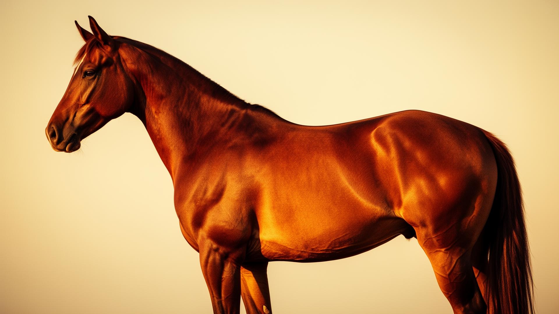 Cavallo sportivo di profilo in luce dorata